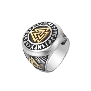 Vintage Nordic Viking Valknut Signet Ring For Men Titanium Steel Silver Gold Two Tone Rune Engraved Punk Rock Biker Band