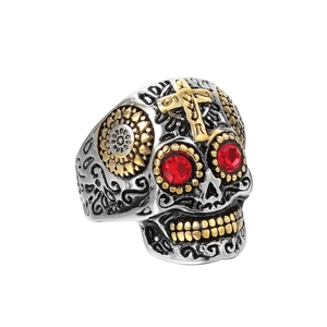 Bague Crâne en Acier Titane Vintage Jour des Morts Punk Gothique Croix Squelette Bagues Avec Yeux en Strass Hommes Bijoux