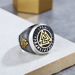 Vintage Viking Valknut ring for men in stainless steel with golden rune accents