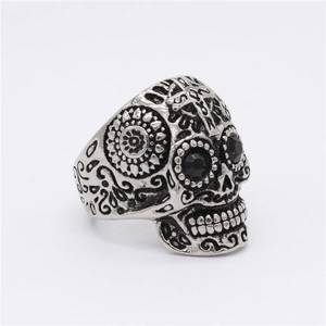 Bague tête de mort mexicaine vintage pour homme en acier avec pierres noires