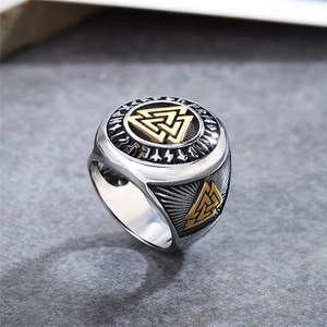 Vintage Viking Valknut ring with Norse runes in silver and gold stainless steel