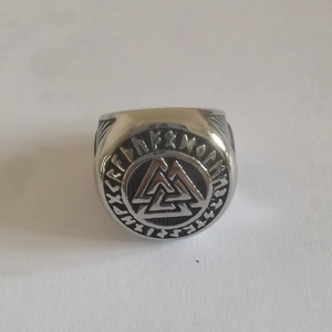 Retro Viking Valknut ring in stainless steel with Norse Runes and geometric symbols