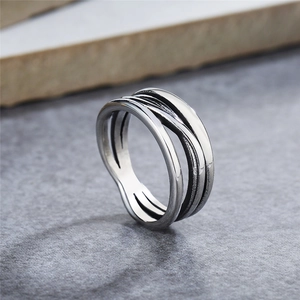 Vintage layered intertwined silver titanium steel wire ring for women with retro texture