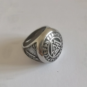 Retro Viking Valknut ring for men in silver stainless steel with Nordic Runes and relief