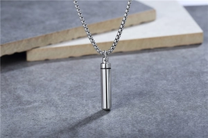 Polished stainless steel cylinder perfume bottle pendant with square chain necklace