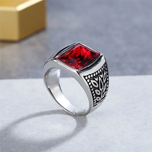 Men's vintage titanium steel ring with large rectangular red gemstone and gothic relief