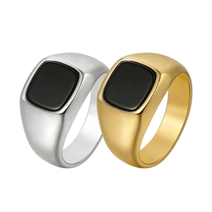 Anillo de Sello Minimalista de Acero de Titanio para Hombres Mujeres Piedra Negra Cuadrada Perla Artificial Pulido Cepillado Joyería de Moda