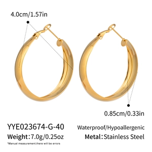 Detailed view of 40mm thick gold-plated stainless steel hoop earrings with size specs