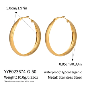 Detailed view of 5cm large gold hoop earrings with dimensions and stainless steel material