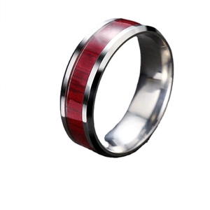 Men's stainless steel ring featuring a stylish red wood grain inlay and polished finish