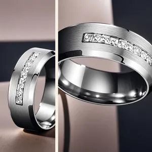 Vue macro d'une bague en acier titane avec pierres carrées serties et fini brossé