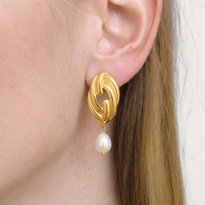 Twisted Metal Drop Earrings Stainless Steel Gold Plated Elegant Artificial Pearl Vintage Jewelry For Women