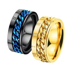 Men's titanium steel spinner rings with Roman numeral engravings and chain inlay