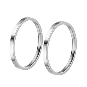 Pair of minimalist 2mm stainless steel silver plain band rings with high polish finish.