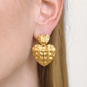 Vintage Stainless Steel Heart Stud Earrings For Women Hammered Gold Plated Waterproof Textured Jewelry Retro High End Style