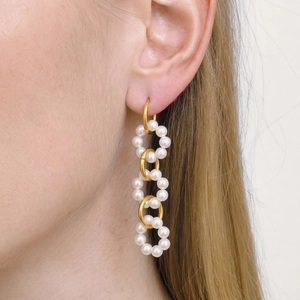 Elegant 18K Gold Plated Stainless Steel Faux Artificial Pearl Drop Earrings Geometric Interlocking Rings Waterproof For Women