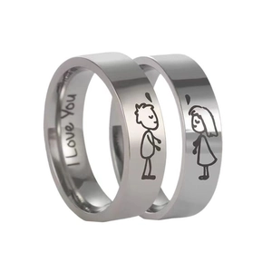 Bagues de couple en acier inoxydable avec personnages de dessins animés et gravure I Love You