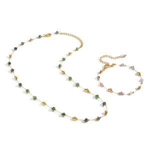 Emerald natural stone beaded necklace and bracelet jewelry set in vintage gold finish