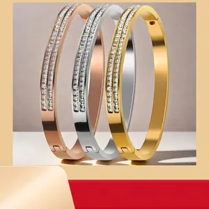 Three-piece set of stainless steel bangles with elegant double-row crystal pave design