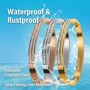 Luxury set of three titanium steel bangles with sparkling double-row zircons