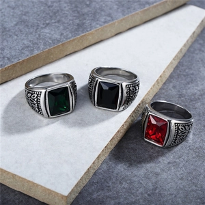 Vintage stainless steel ring set with emerald, onyx, and ruby gemstones for men