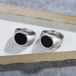 Men Titanium Steel Signet Ring Minimalist Circular Black Enamel Polished Brushed Finish Western Style Punk Jewelry For Daily Wear