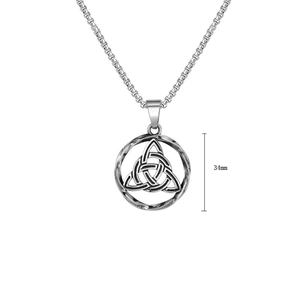 Detail showing the 34mm diameter of the Celtic Triquetra pendant on a silver square chain