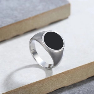 Minimalist round signet ring in polished silver stainless steel with black enamel inlay