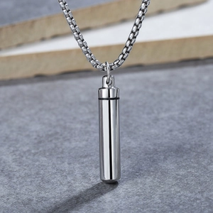 Minimalist silver stainless steel perfume bottle pendant on a box chain necklace