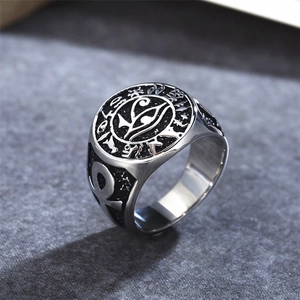 Vintage stainless steel Egyptian Horus Eye and Ankh ring with silver finish for men