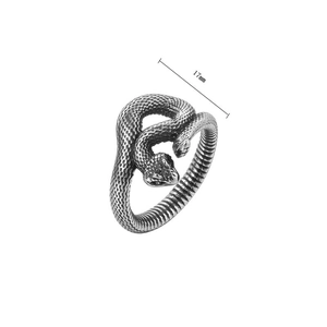 Macro detail of retro snake ring showing scale texture and 17mm diameter measurement