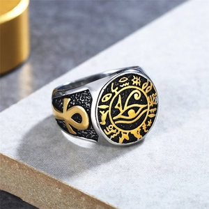 Vintage stainless steel Egyptian Eye of Horus ring with Ankh cross and Anubis theme