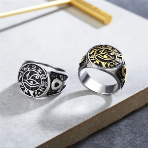 Vintage stainless steel ring featuring Egyptian Eye of Horus and Anubis symbols in retro silver