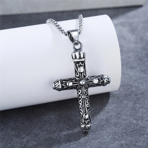 Vintage gothic crown cross pendant necklace in distressed silver finish for men