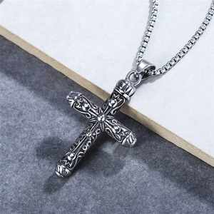 Retro crown cross pendant necklace in vintage titanium steel with embossed details