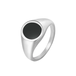 Bague chevalière minimaliste en acier argenté avec incrustation ronde noire polie
