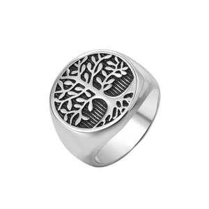 Anello a Sigillo Uomo Albero della Vita Vintage in Acciaio al Titanio Finitura Argento Antico Gioielli Religiosi