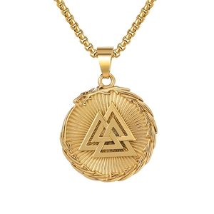 Vintage gold Viking Valknut pendant necklace with ornate engraved sunburst medallion