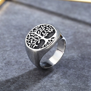 Anello con sigillo vintage in acciaio inossidabile con albero della vita opaco