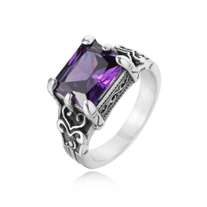 Vintage Titanium Steel Ring For Men Square Black Purple Rhinestone Gothic Carved Band Jewelry Retro Statement Ring