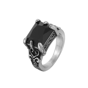 Vintage men's stainless steel ring with large square black gemstone and engraved vine patterns