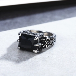 Vintage men's stainless steel ring with square black gemstone and ornate carvings