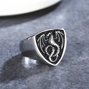 Retro dragon shield ring for men made of high-quality stainless steel with wing detail