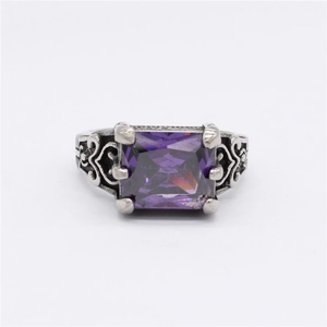 Vintage silver steel ring with rectangle purple gemstone and heart filigree patterns