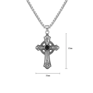 Gothic cross necklace for men with black stone and 52mm by 35mm dimensions