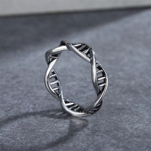 Oxidized silver DNA double helix structure ring for women with vintage retro style finish