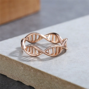 Rose gold DNA double helix ring featuring an intricate hollow scientific spiral design
