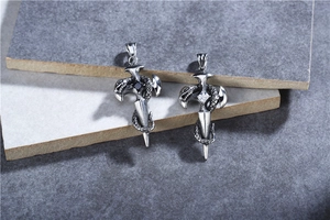 Gothic snake cross sword pendant in silver steel with black or white cubic zirconia
