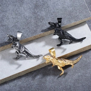 Vintage T-Rex dinosaur pendant necklaces in silver, black and gold steel finishes