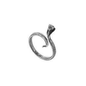 Detailed view of retro silver snake ring showing intricate scale textures and open band design